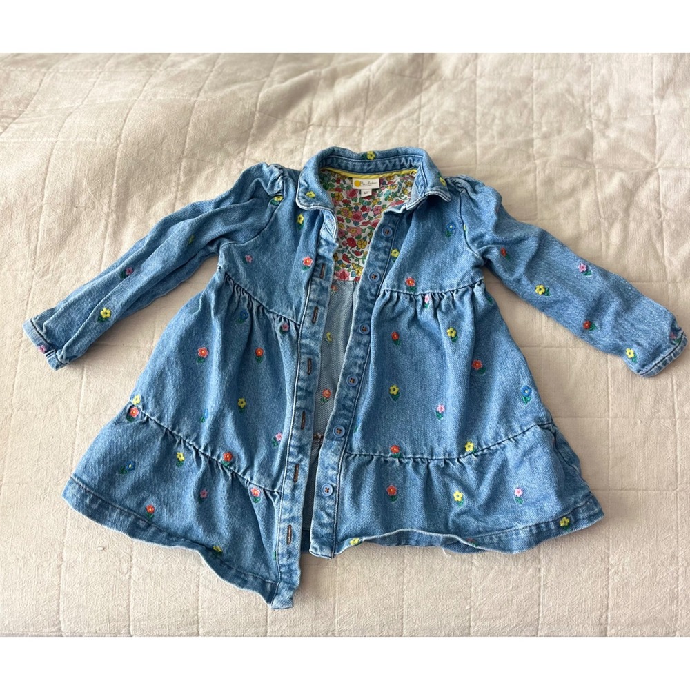 Mini‎ Boden Girls Floral Embroidered Denim Jacket Blue Ruffle Hem Coat 2-3Y 98cm
